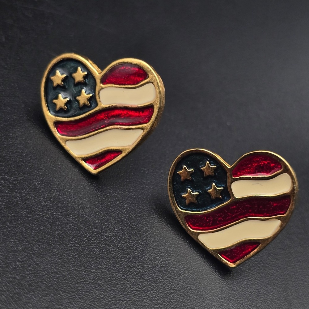 Avon 1990 Heart of America Earrings American Flag Enamel USA Patriotic